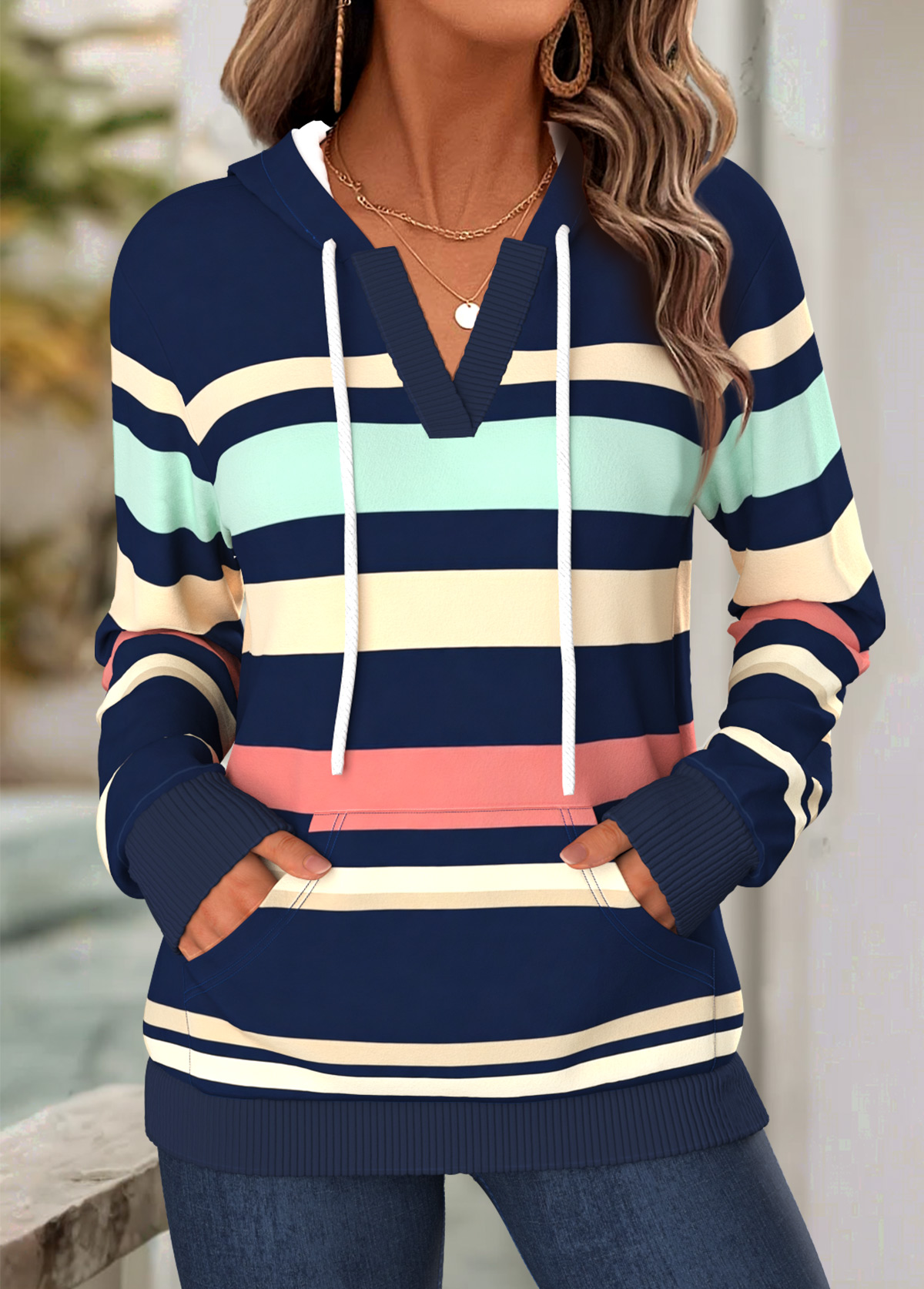 Modlily Navy Striped Kangaroo Pocket Long Sleeve Split Neck Hoodie - XXL