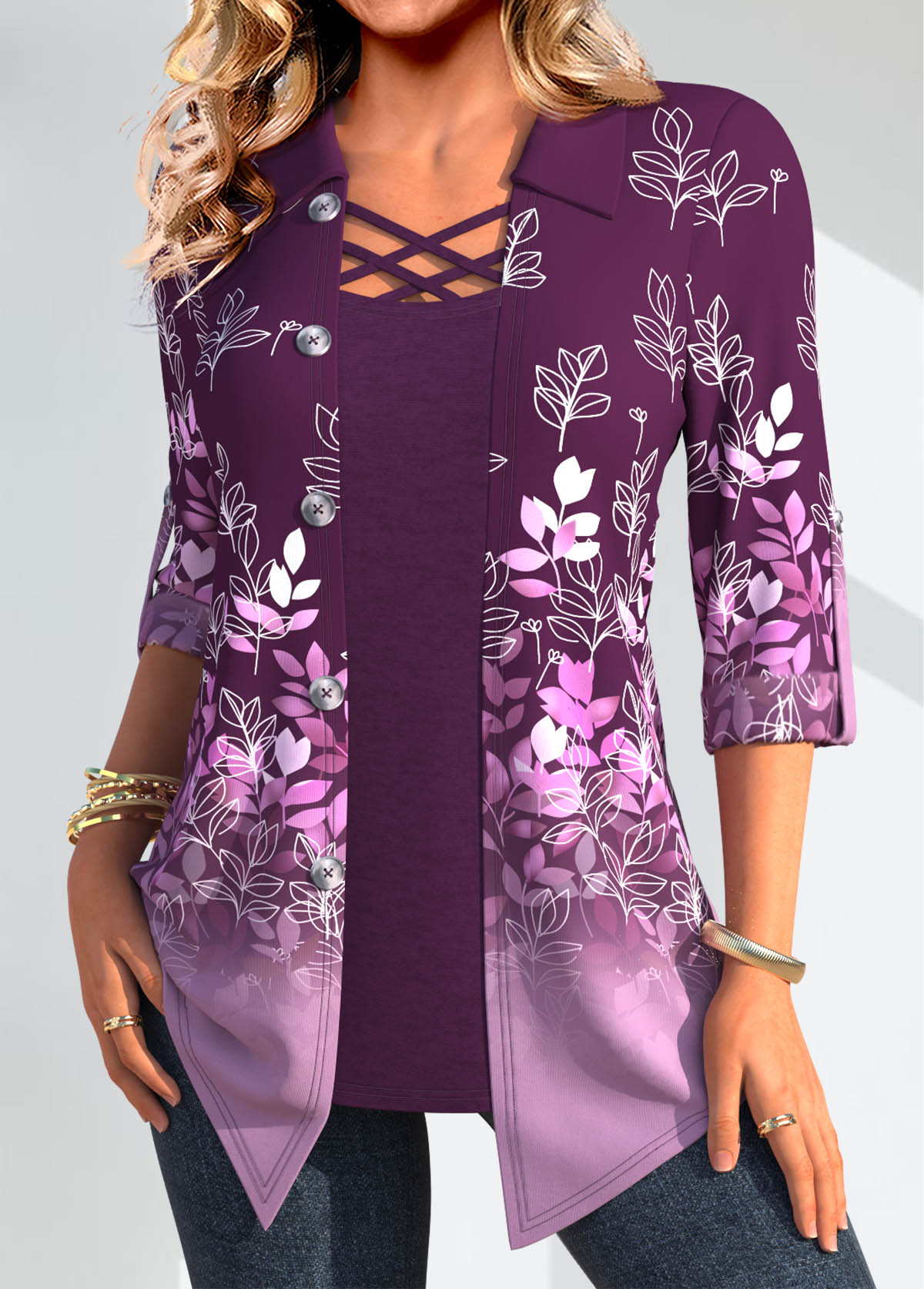Purple Leaf Print Fake Two Piece Twinset 3