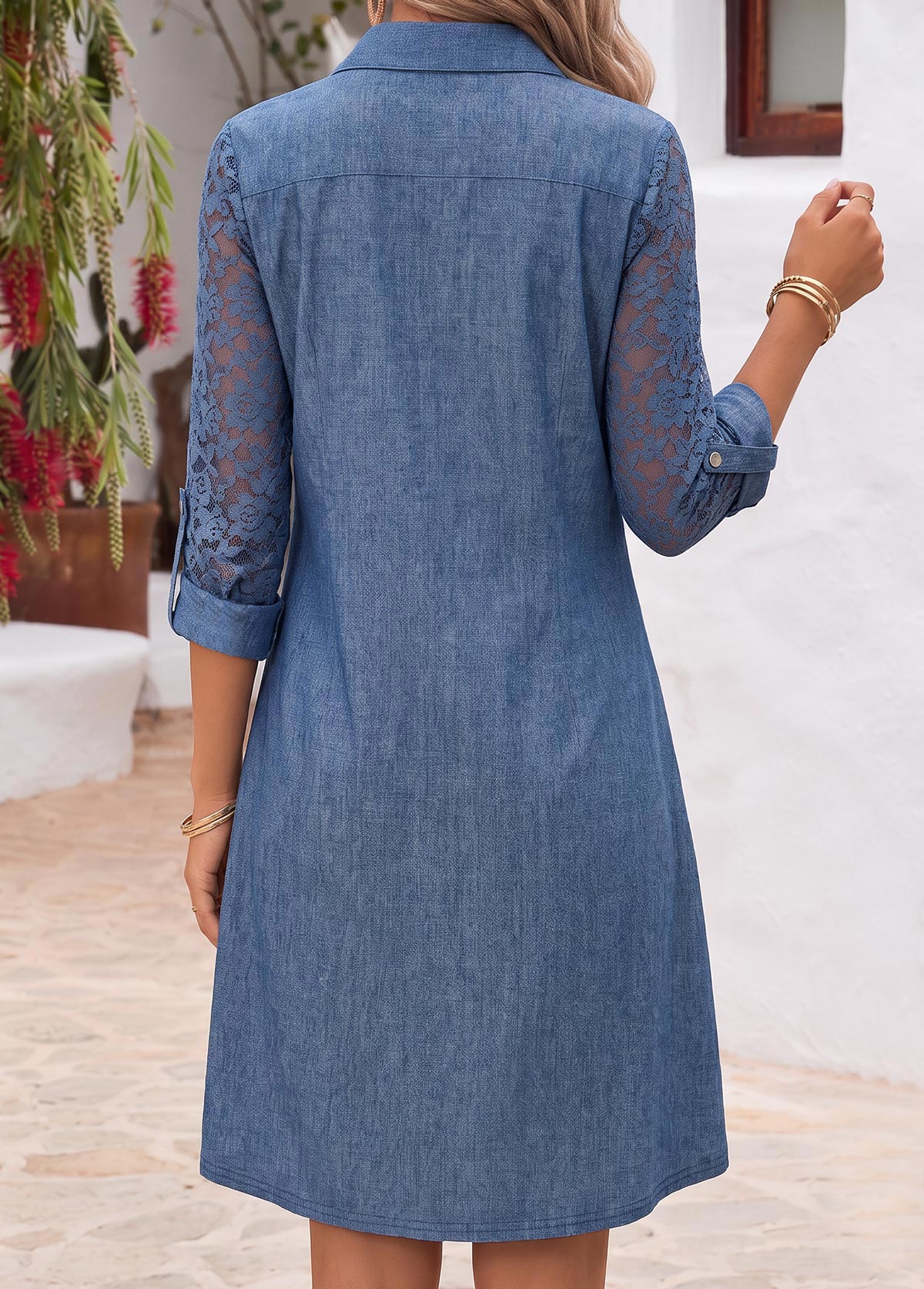 Denim Blue Patchwork Long Sleeve Shirt Collar Dress 2