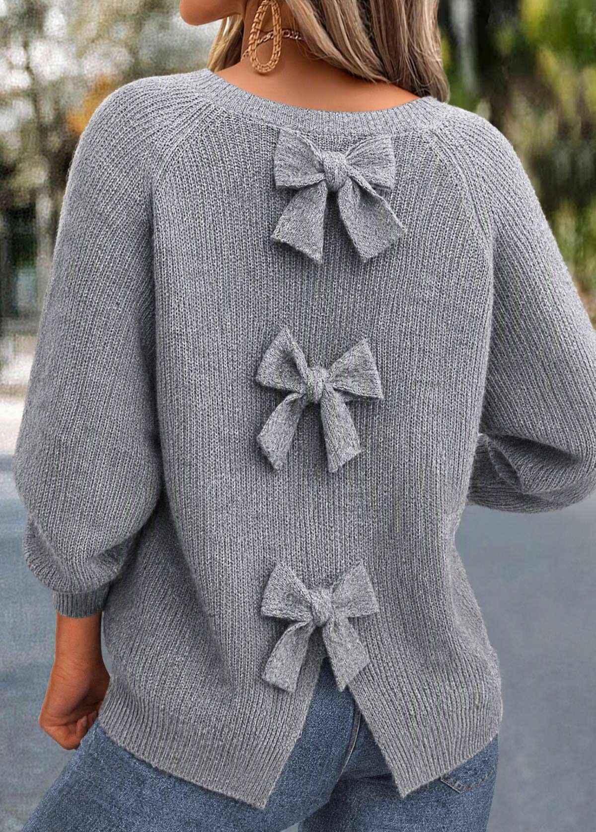 Modlily Grey Bowknot Long Sleeve Round Neck Sweater - XXL