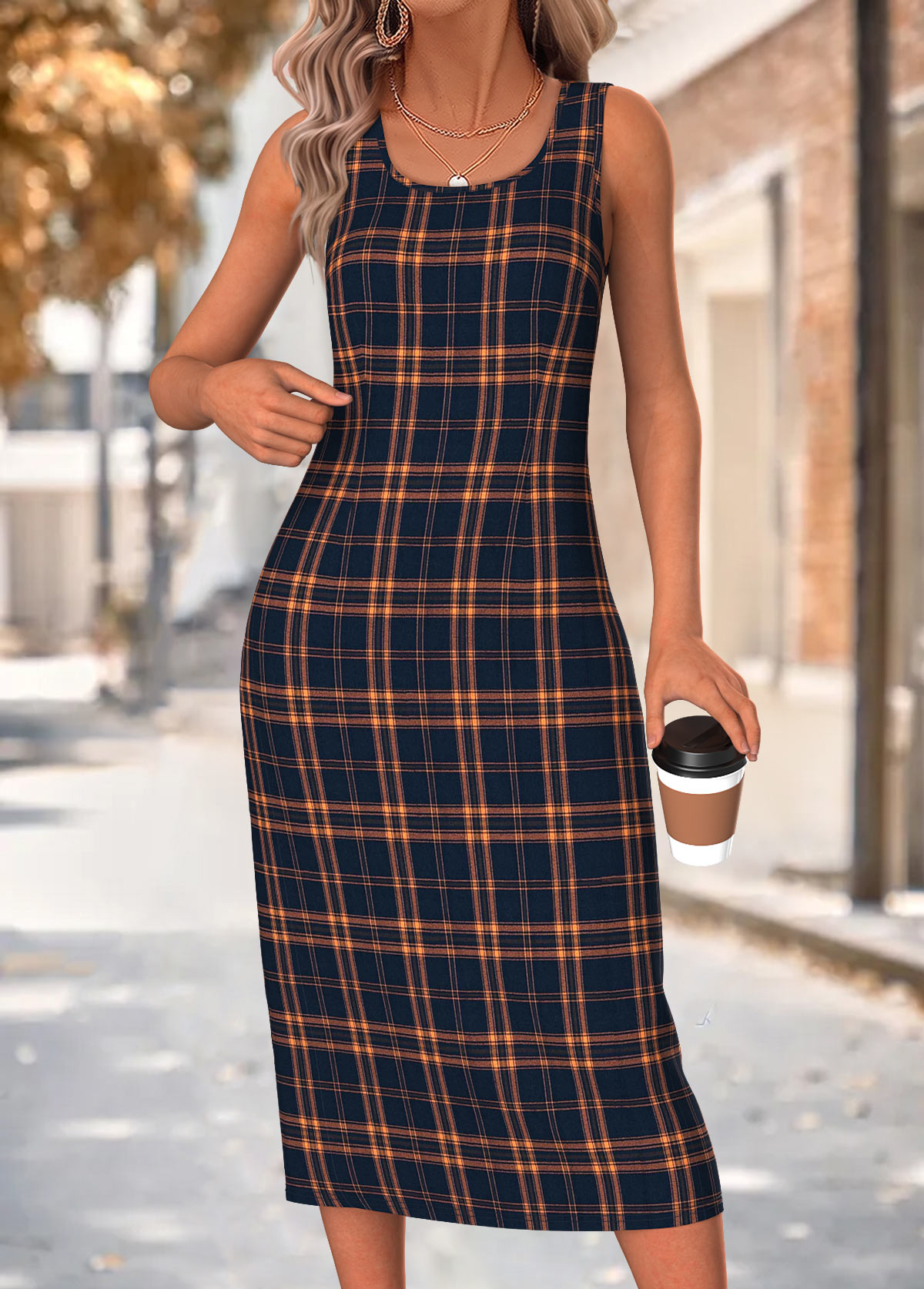 Navy Plaid Two-piece Long Sleeve Dress and Cardigan | picture 