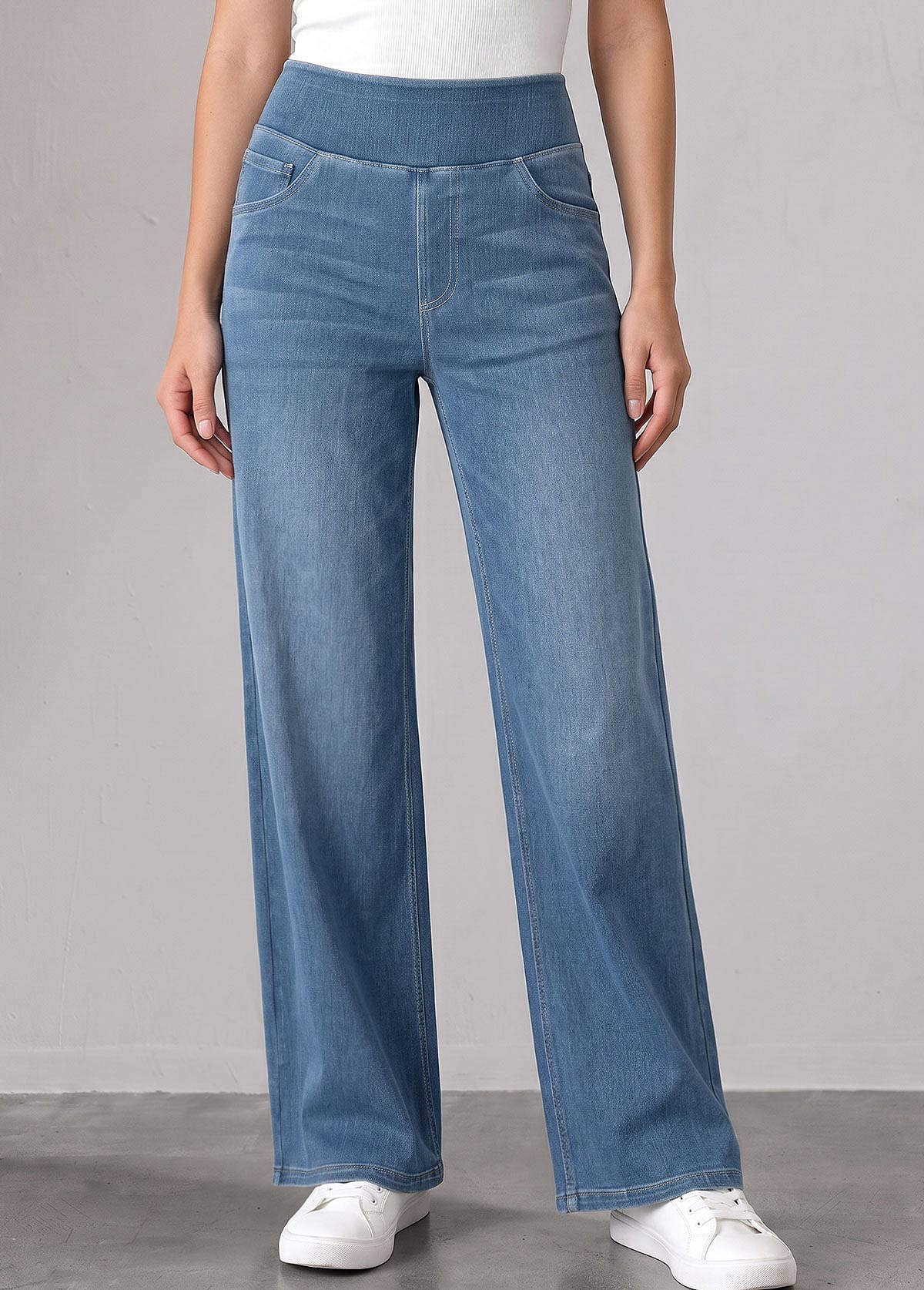 Modlily Denim Blue Straight Leg Elastic Waist High Waisted Jeans - XXL