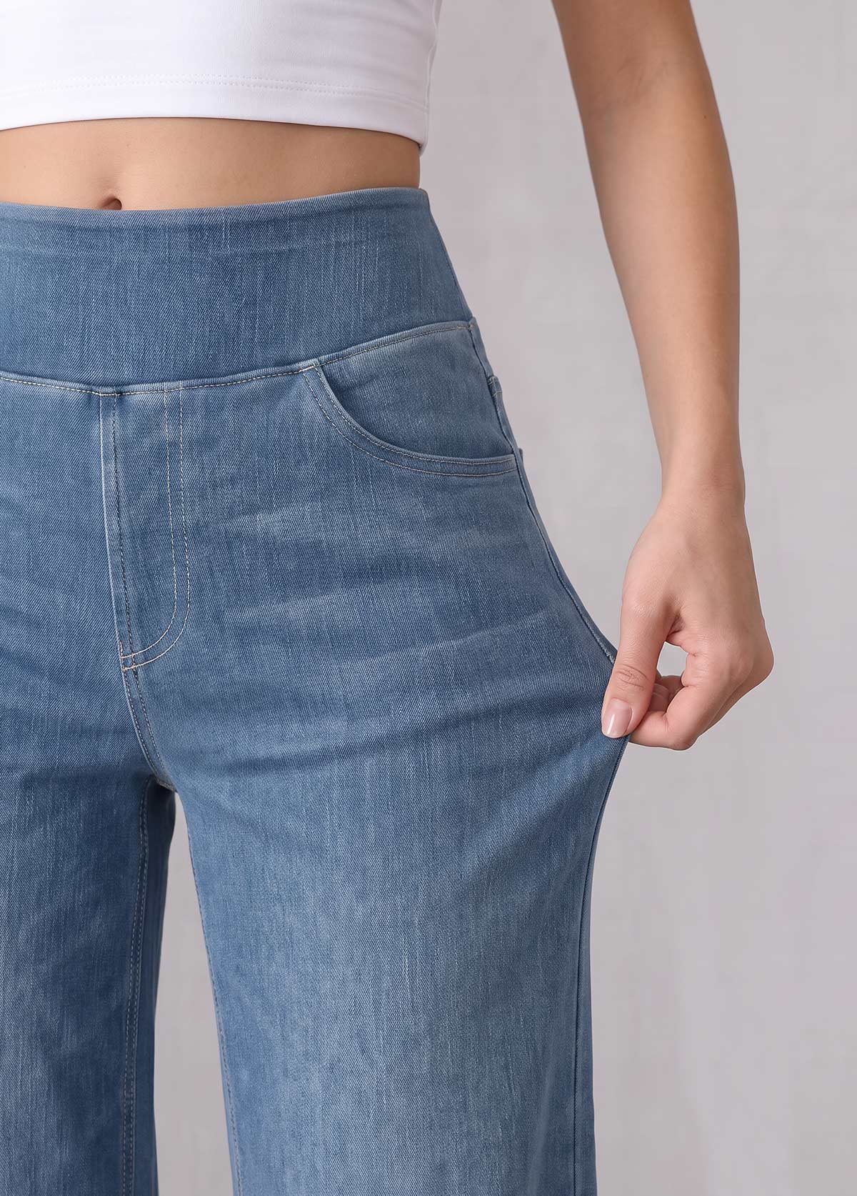 Denim Blue Straight Leg Elastic Waist High Waisted Jeans | picture 