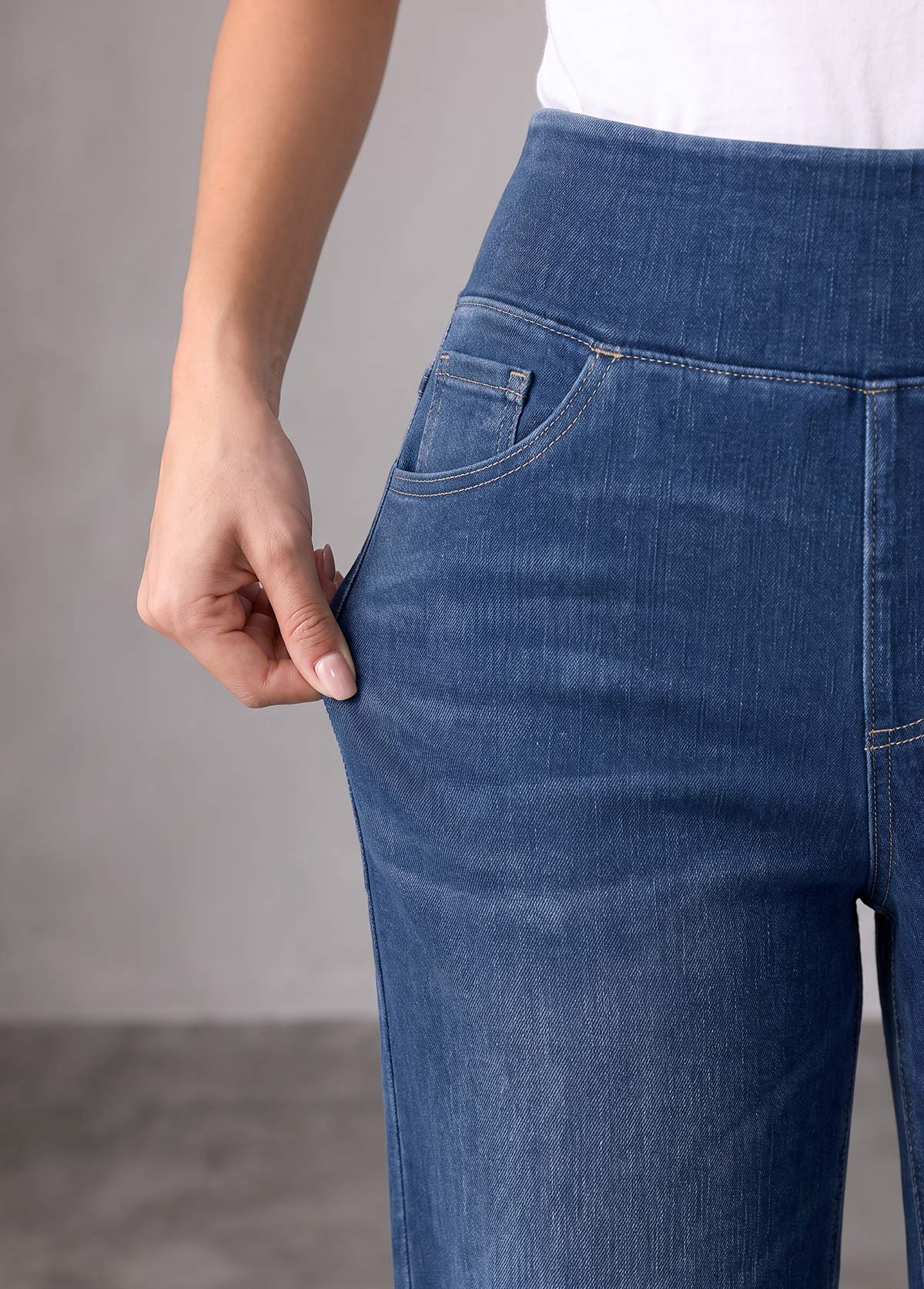 Denim Blue Straight Leg Elastic Waist High Waisted Jeans | picture 