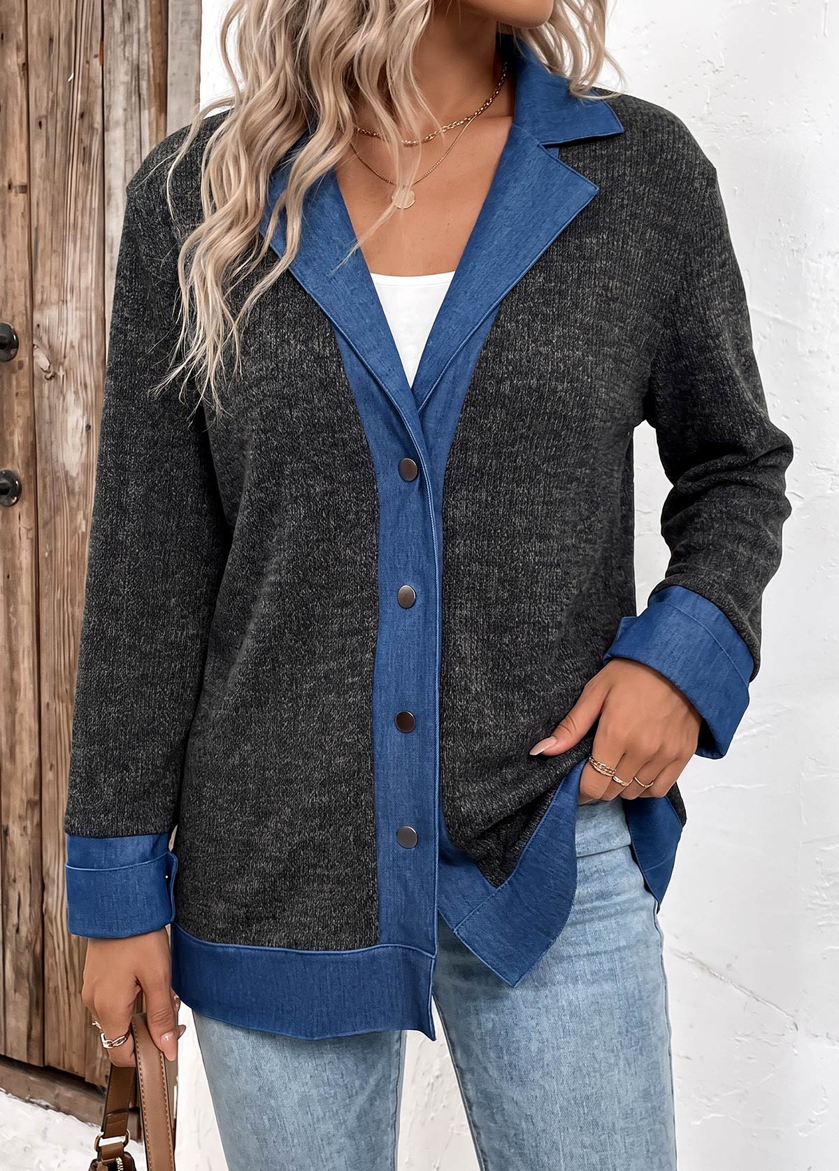 Black Tummy Coverage Long Sleeve Lapel Coat | picture 