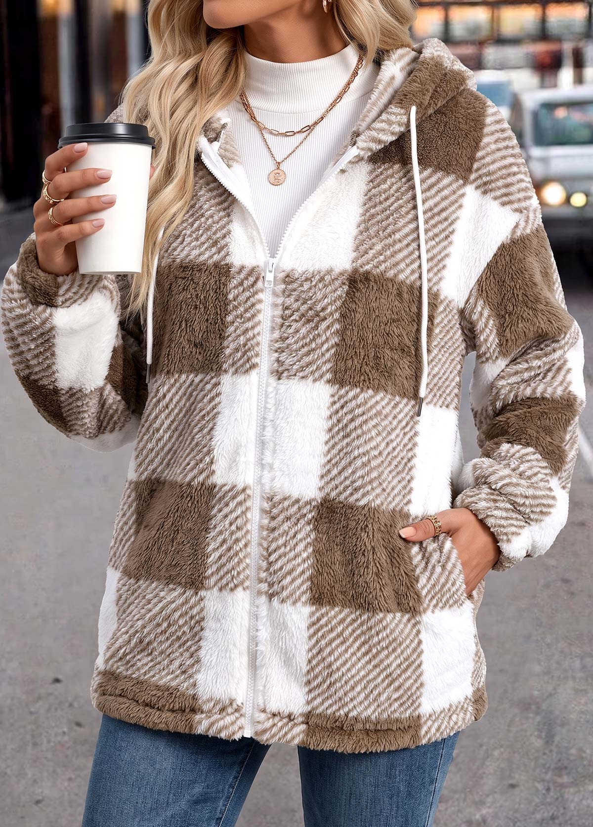 Light Coffee Double Side Pockets Plaid Long Sleeve Coat | picture 