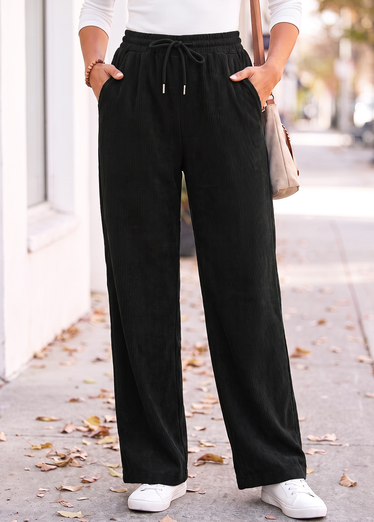 Black Straight Leg Elastic Waist High Waisted Pants | picture 