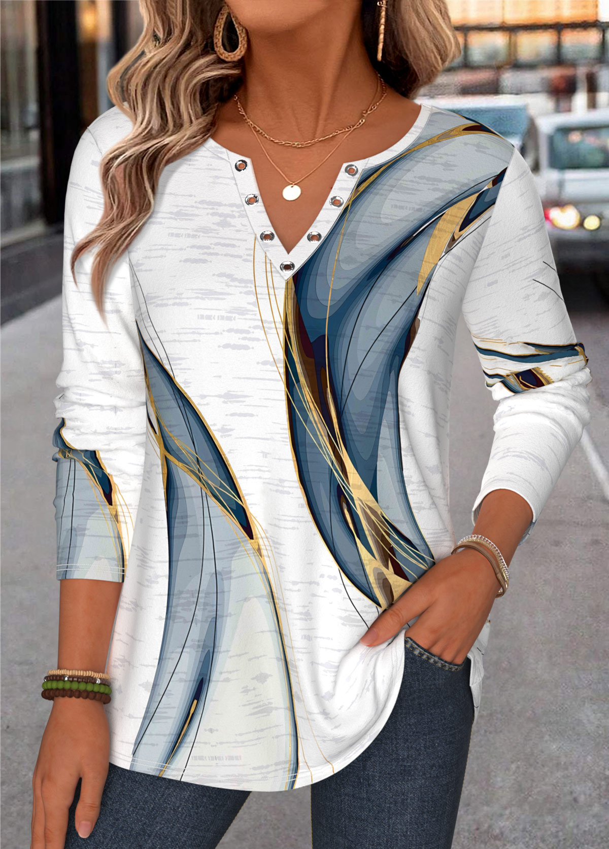 Modlily White Geometric Print Curved Hem Long Sleeve T Shirt - XXL