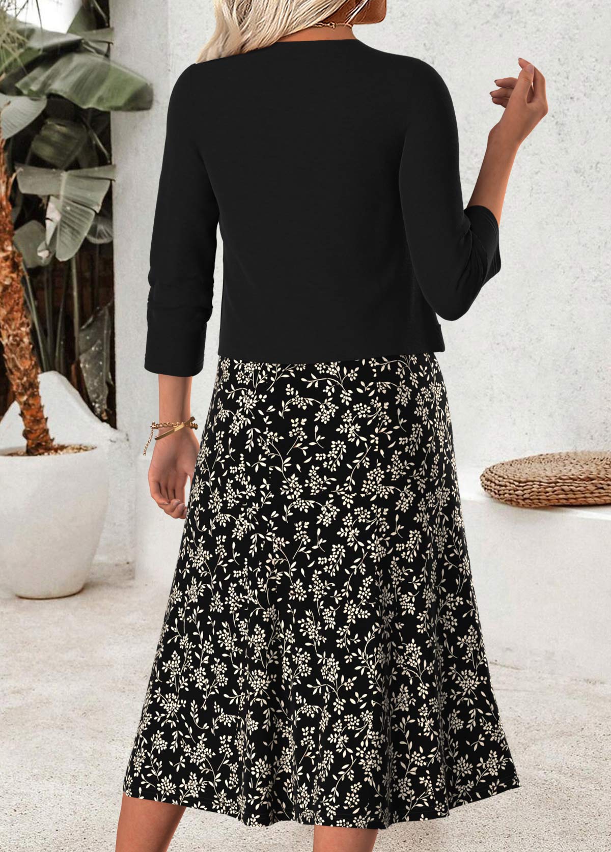 Black Ditsy Floral Print Two-piece Dress and Cardigan 2
