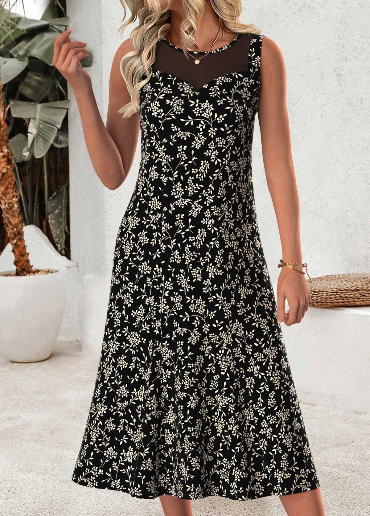 Black Ditsy Floral Print Two-piece Dress and Cardigan 4