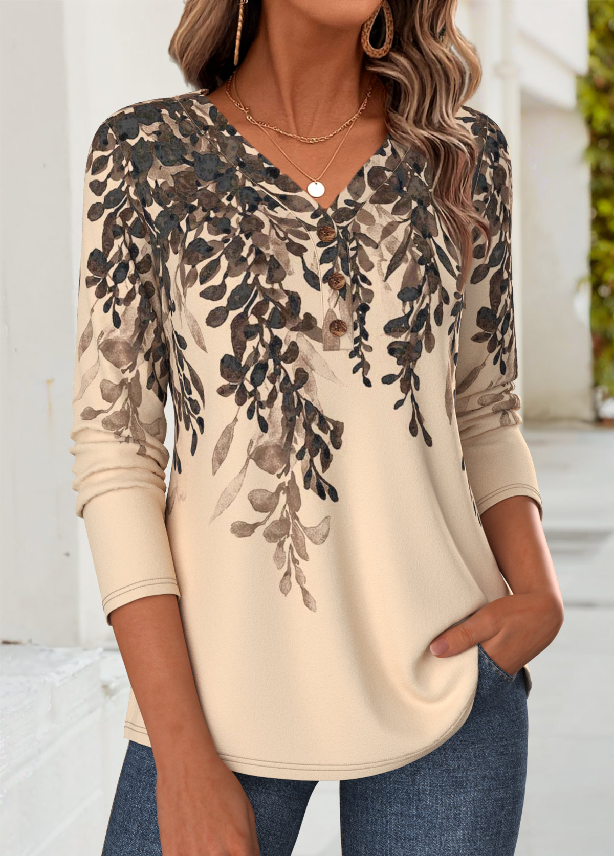 Light Coffee Floral Print Curved Hem T Shirt 3