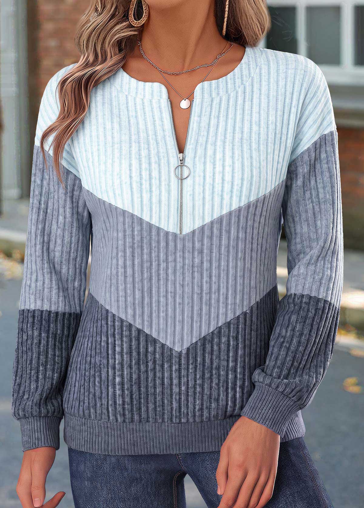 Modlily Dusty Blue Zipper Long Sleeve Sweatshirt - XXL