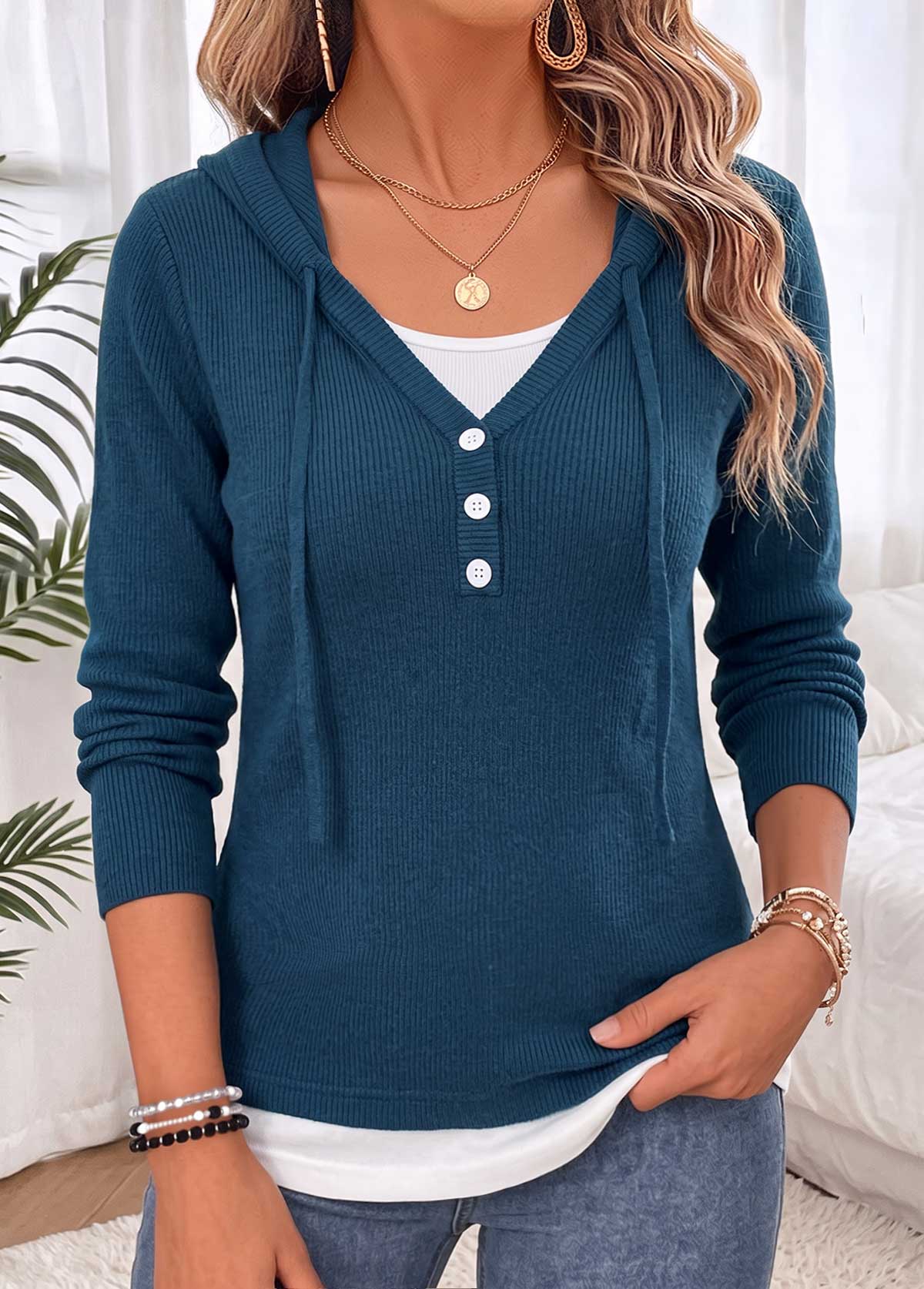 Modlily Peacock Blue Fake 2in1 Long Sleeve Hooded Sweater - XXL