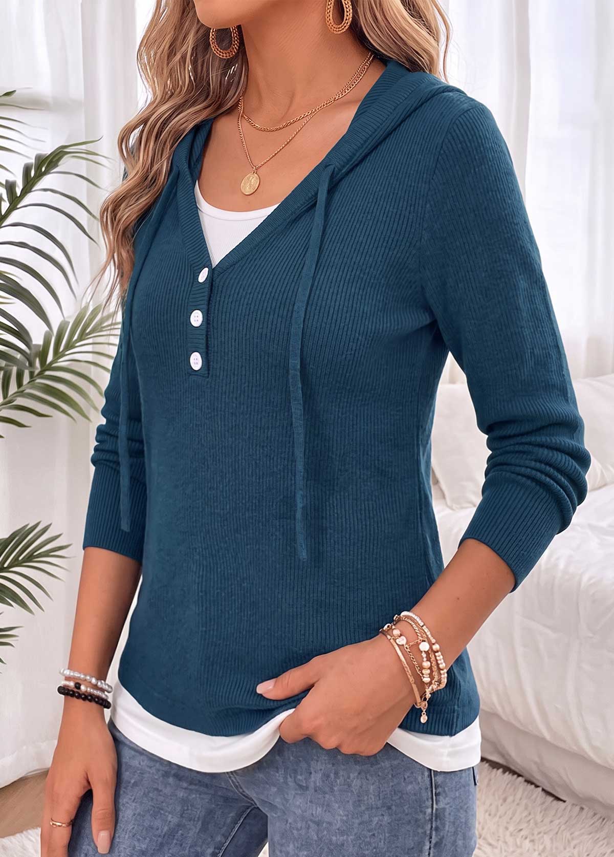 Peacock Blue Fake 2in1 Long Sleeve Hooded Sweater 3