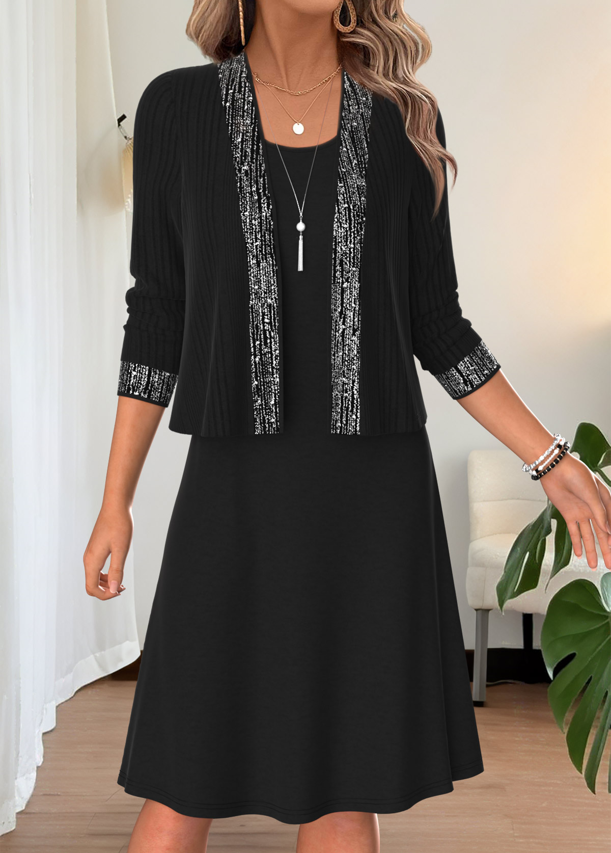 Modlily Black Two-piece Long Sleeve Round Neck Dress and Cardigan - XXL