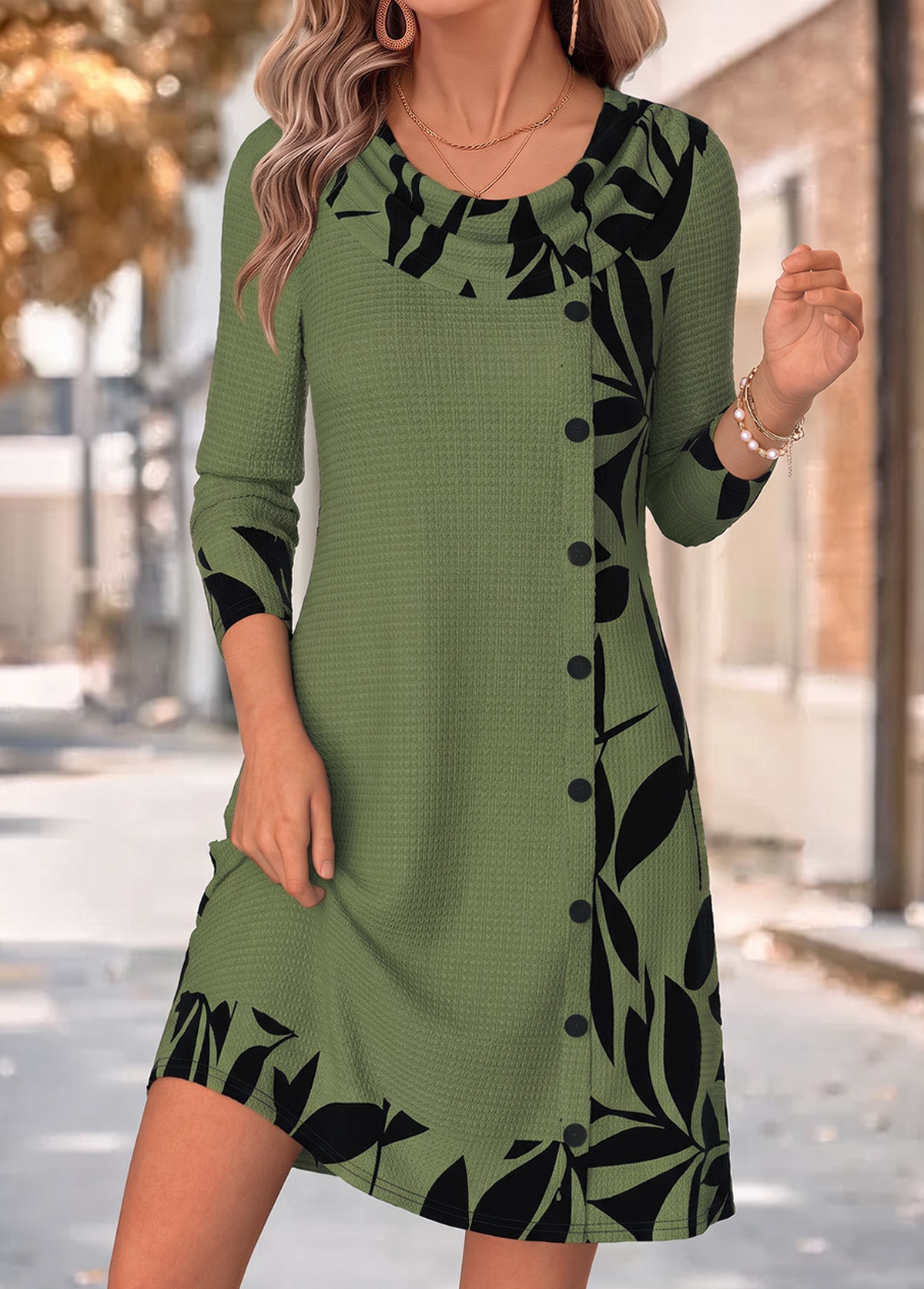 Modlily Sage Green Leaf Print Short Patchwork Long Sleeve Dress - XXL