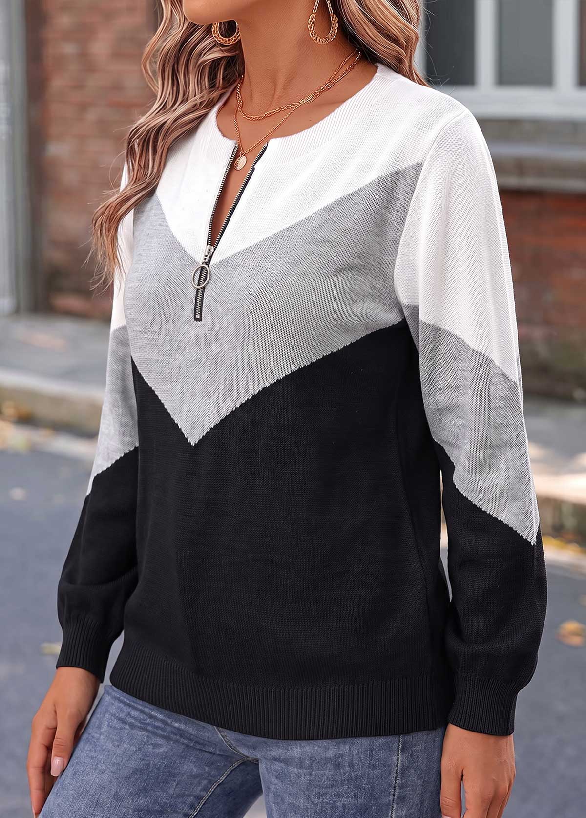 Black Geometric Print Patchwork Long Sleeve Sweater 3