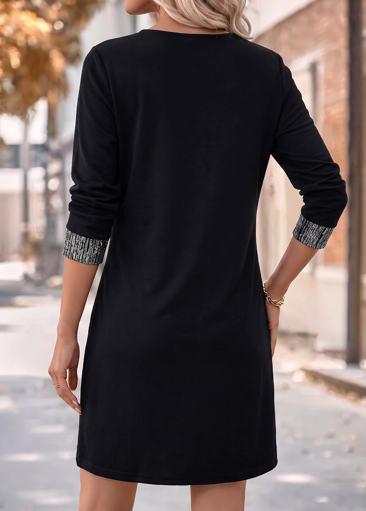 Black Short Patchwork Long Sleeve Round Neck Dress 2