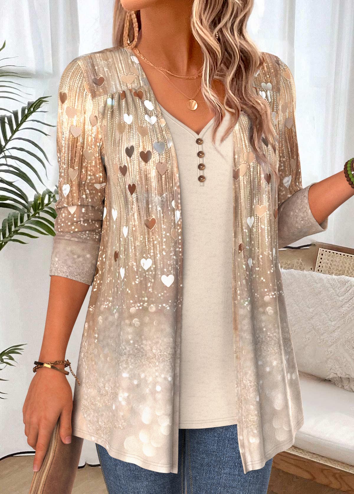 Light Coffee Ombre Long Sleeve Fake Two Piece Twinset 3