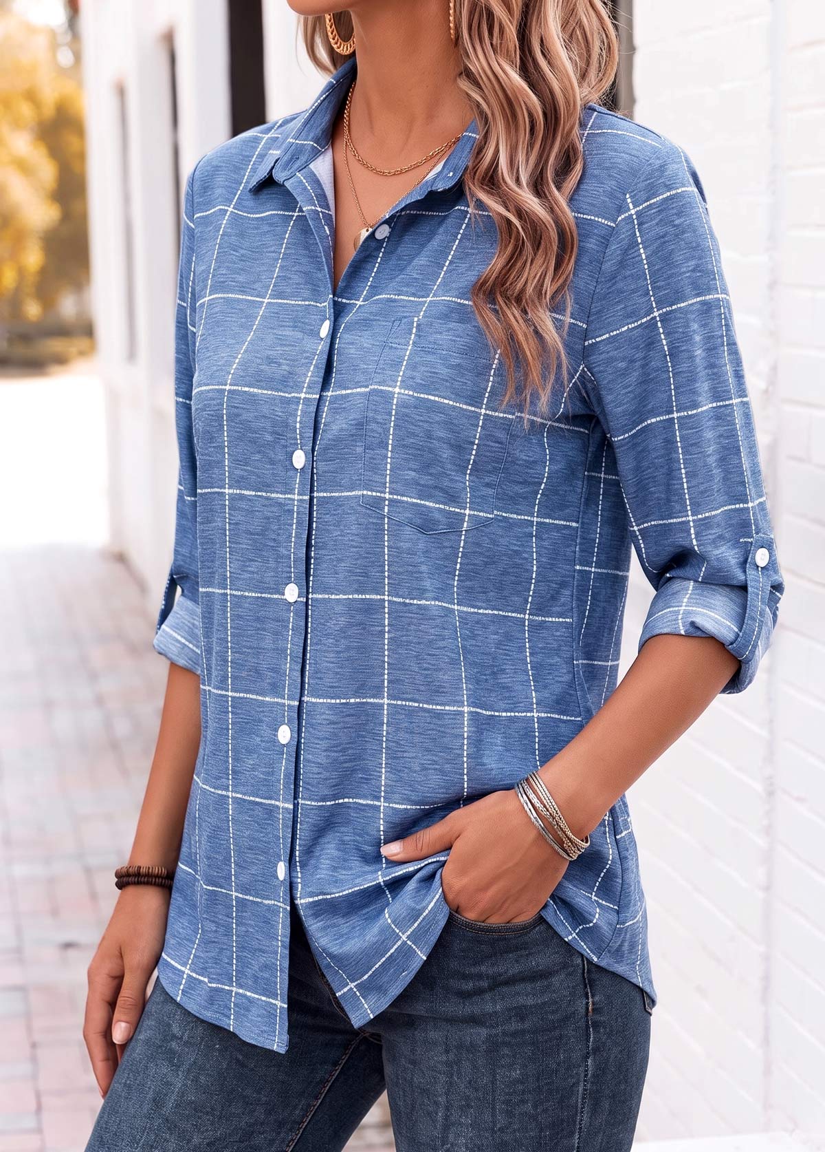 Denim Blue Plaid Tummy Coverage 3/4 Sleeve Shirt 3