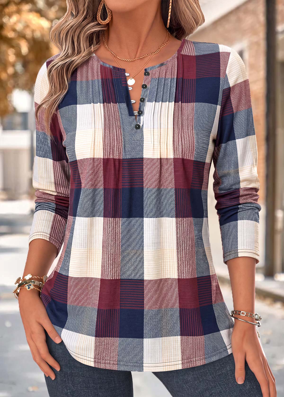 Modlily Multi Color Plaid Tuck Stitch Long Sleeve Blouse - XXL
