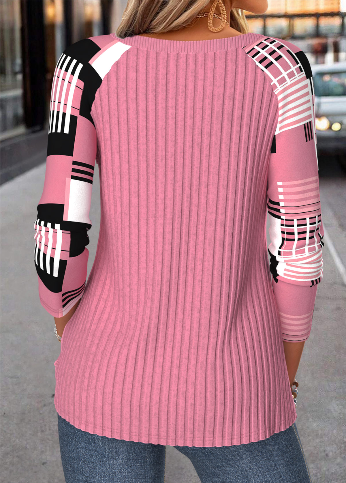 Pink Geometric Print Button Long Sleeve T Shirt 2