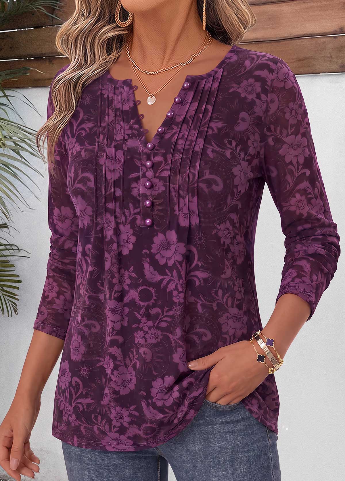 Dark Reddish Purple Floral Print Curved Hem T Shirt 3