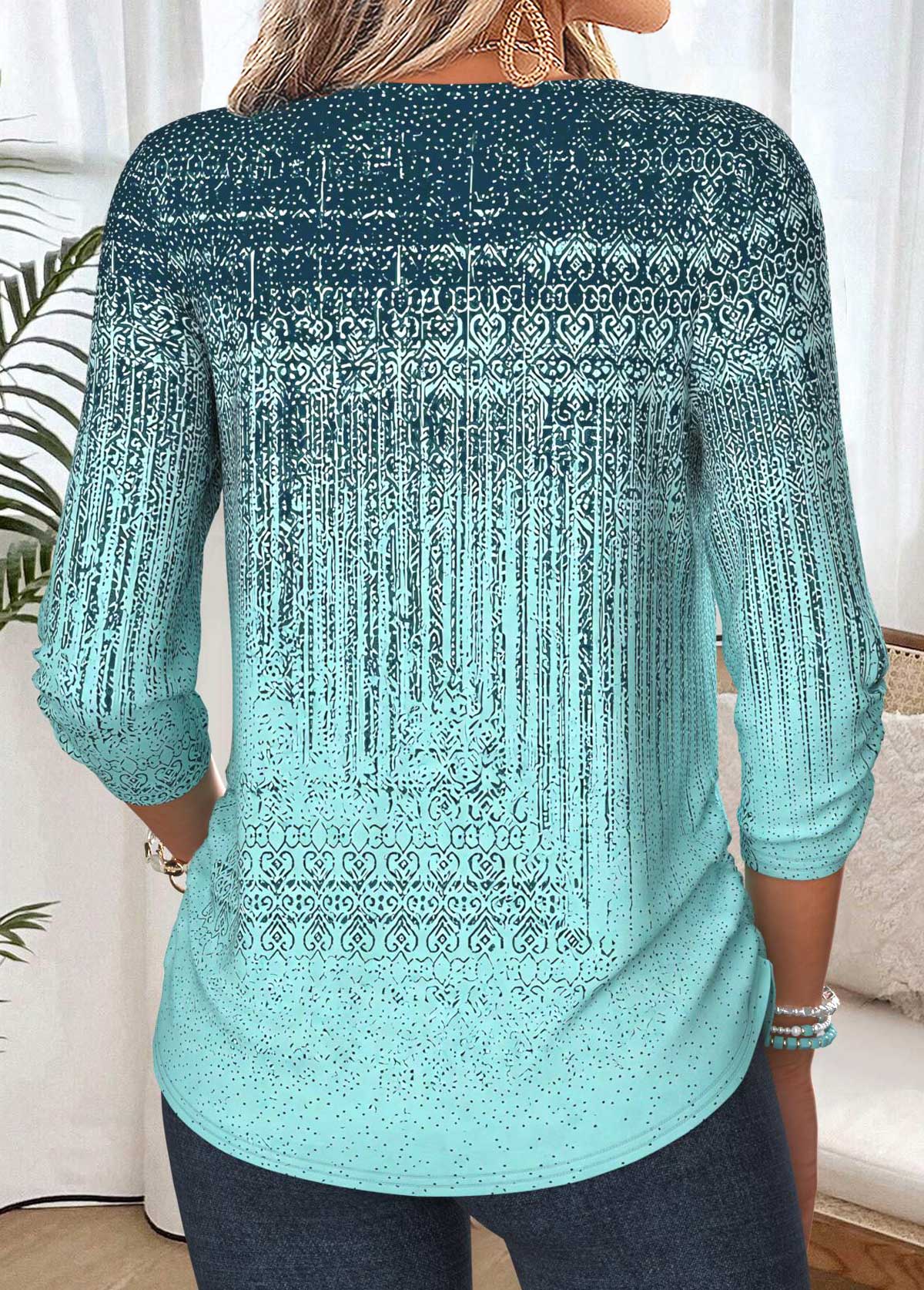 Mint Green Geometric Print Shirred 3/4 Sleeve Blouse 2