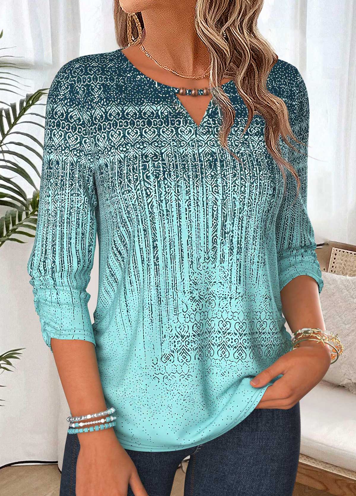 Mint Green Geometric Print Shirred 3/4 Sleeve Blouse 3