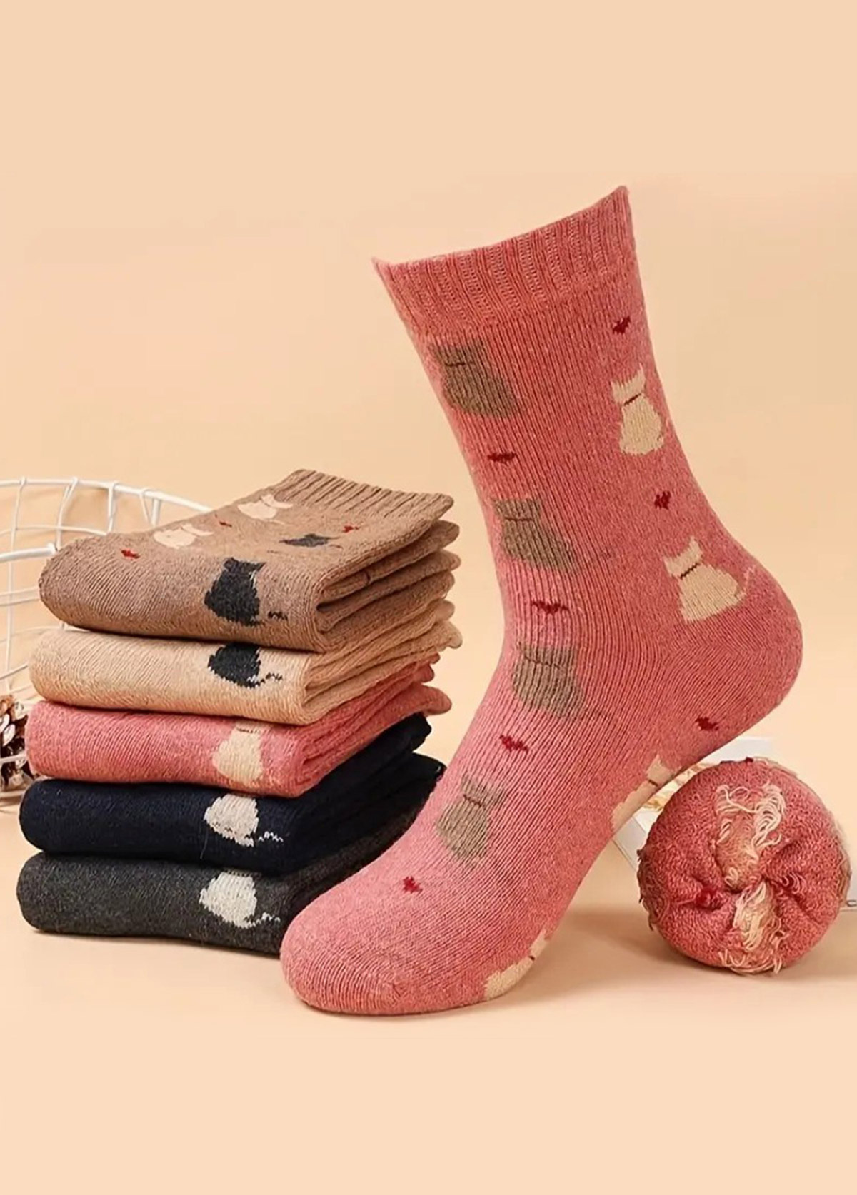 Multi Color Cat Design Mid Calf Socks 2