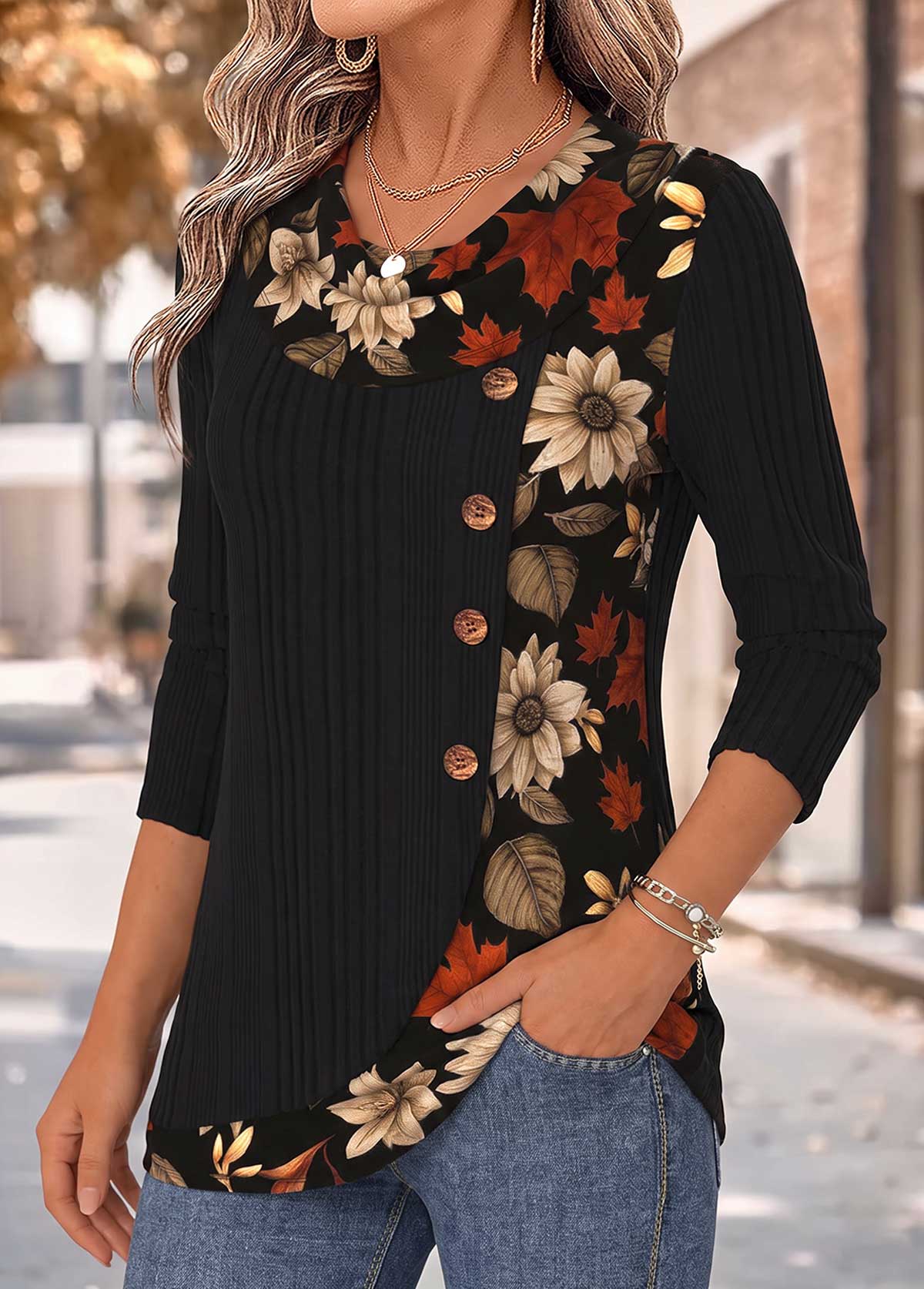 Black Floral Print Patchwork Long Sleeve T Shirt 3