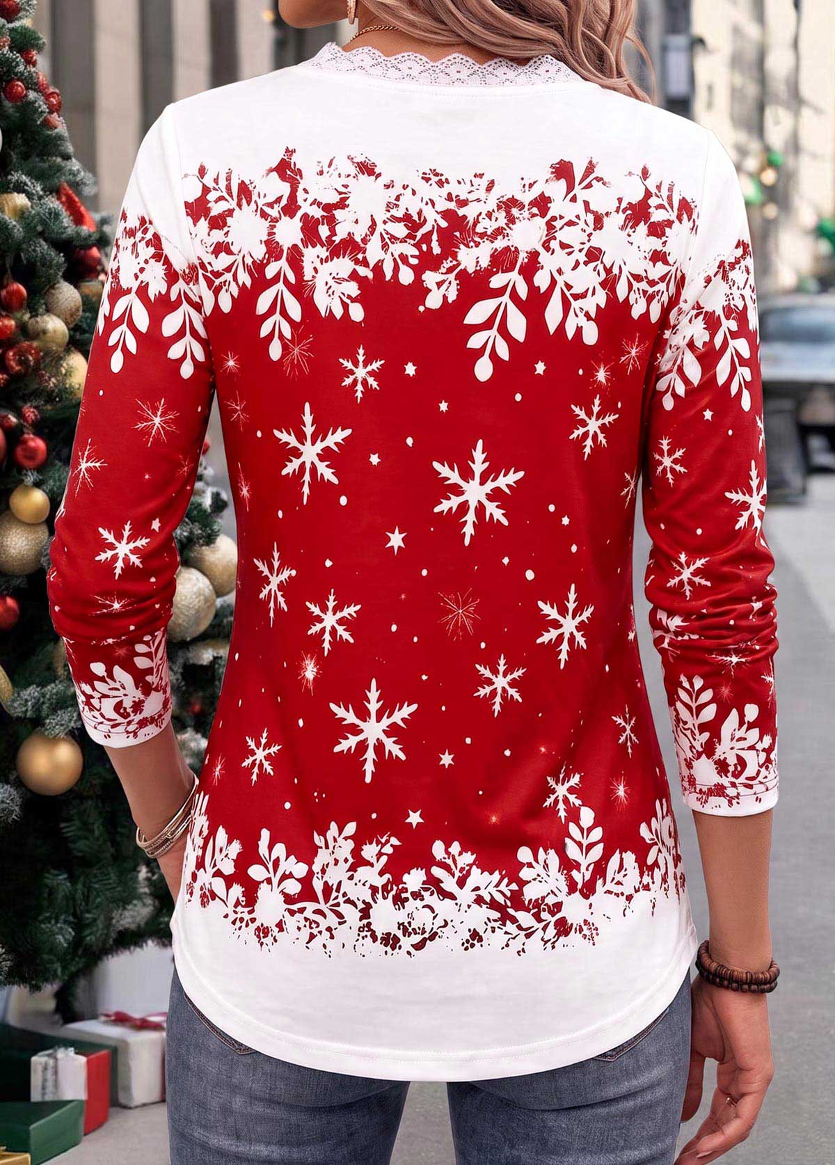 Christmas Red Snowman Print Patchwork Long Sleeve T Shirt 2