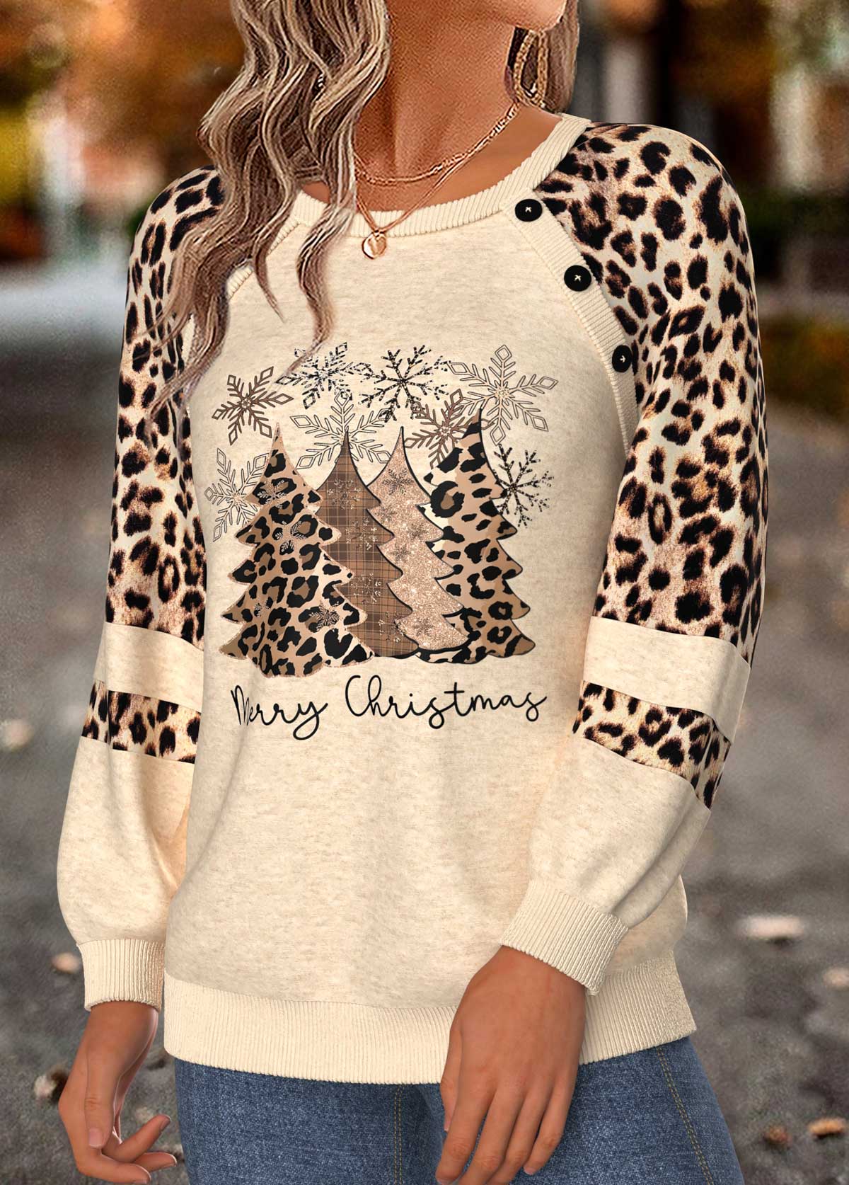 Christmas Beige Patchwork Long Sleeve Round Neck Sweatshirt 3