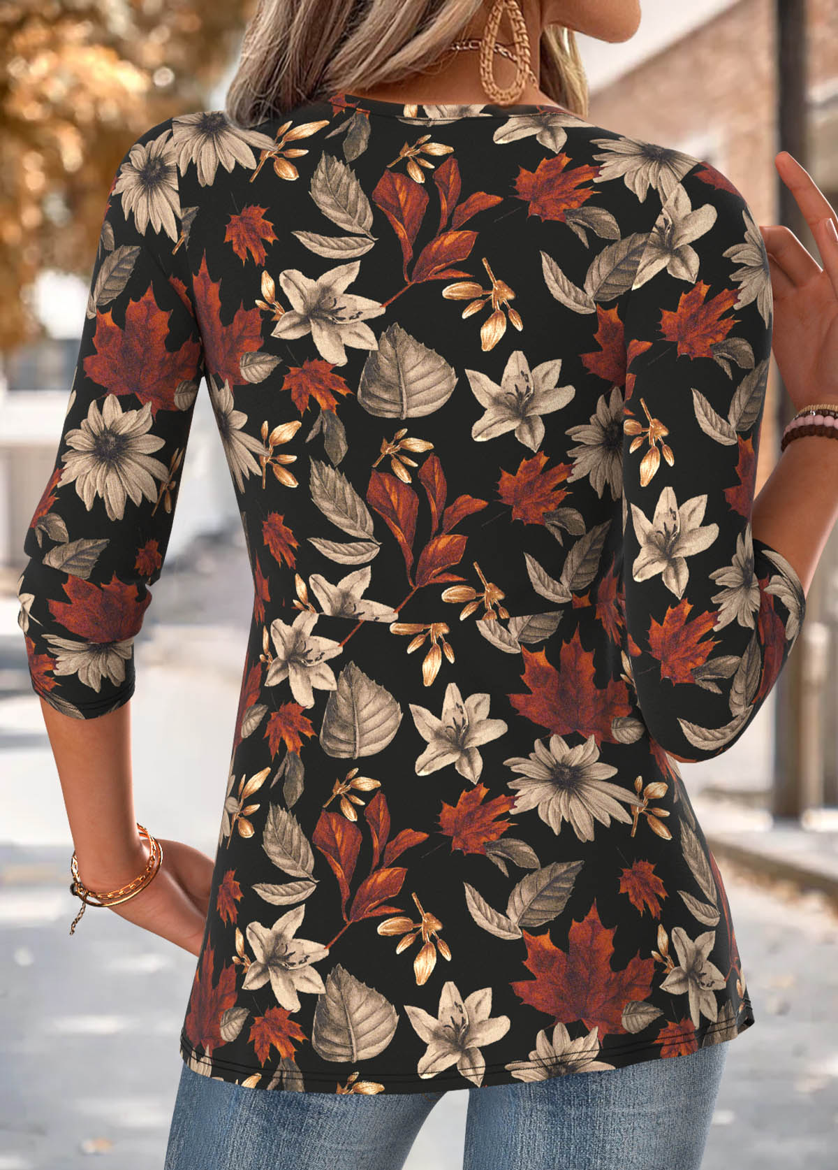 Multi Color Floral Print Patchwork Long Sleeve T Shirt 2