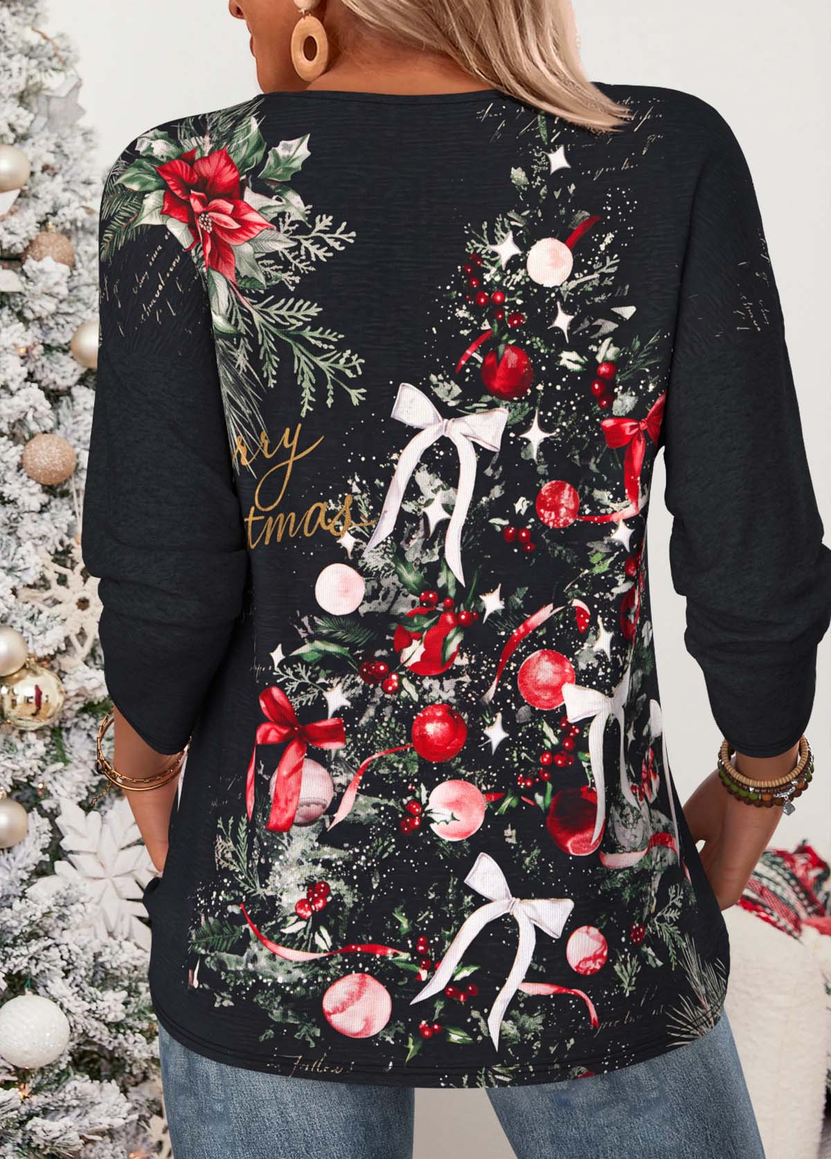 Christmas Black Beaded Long Sleeve Round Neck T Shirt 2