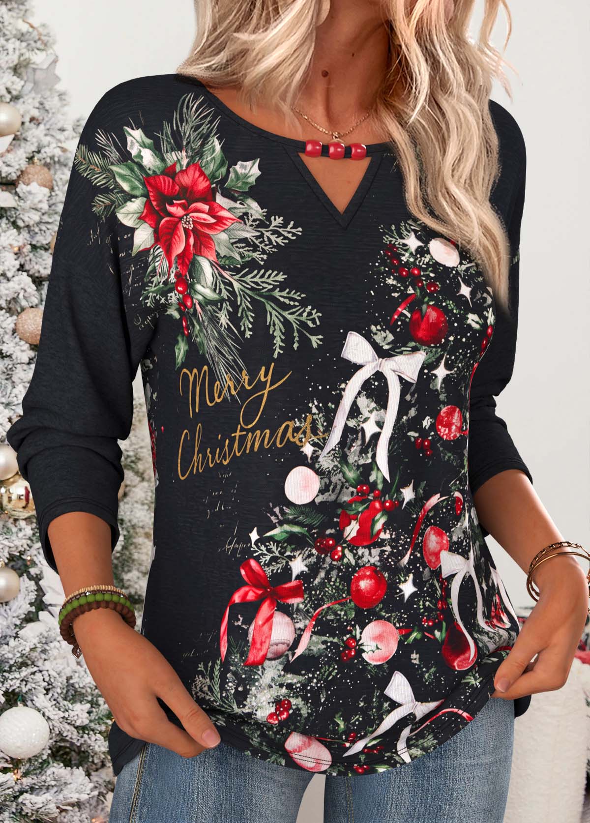 Christmas Black Beaded Long Sleeve Round Neck T Shirt 3