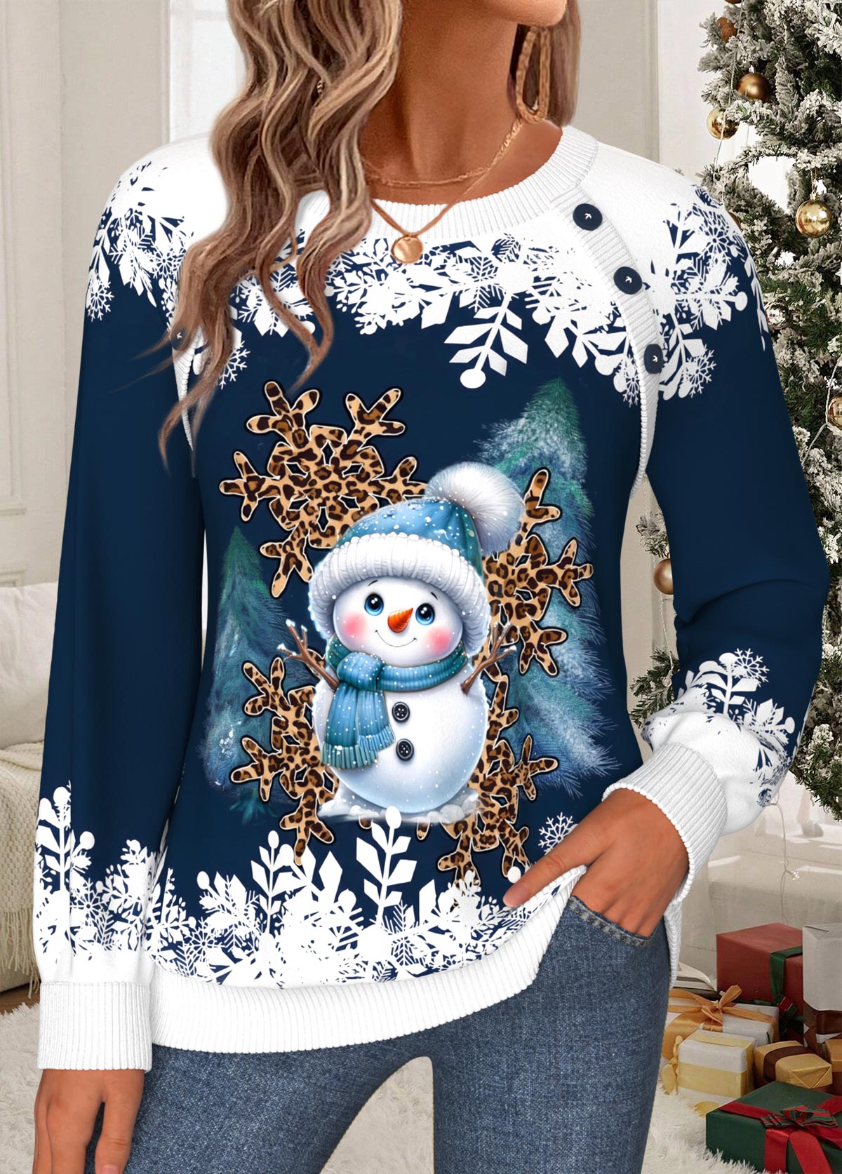 Navy Snowman Print Tummy Coverage Long Sleeve Sweatshirt 3