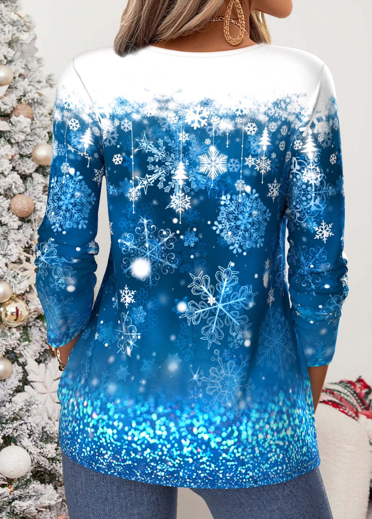 Christmas Blue Snowflake Print Tuck Stitch T Shirt 2