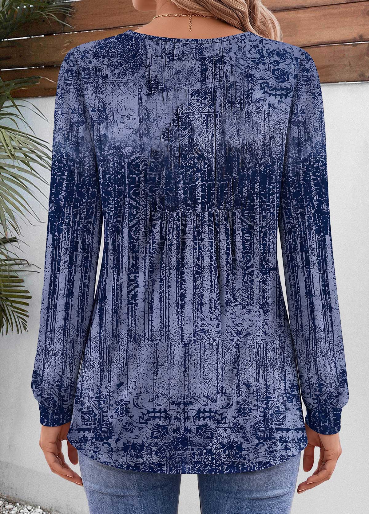 Blue Tribal Print Tuck Stitch Long Sleeve T Shirt 2