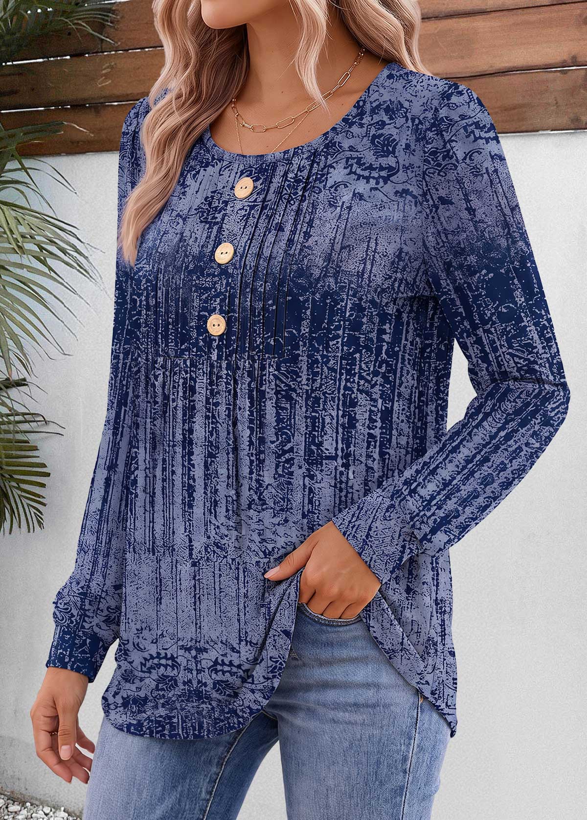 Blue Tribal Print Tuck Stitch Long Sleeve T Shirt 3