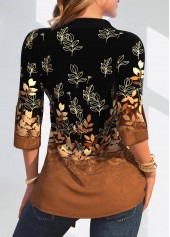 Dark Camel Leaf Print Fake Two Piece Twinset 2