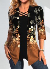 Dark Camel Leaf Print Fake Two Piece Twinset 3