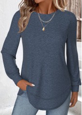 Peacock Blue Curved Hem Long Sleeve T Shirt