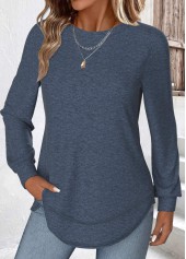 Peacock Blue Curved Hem Long Sleeve T Shirt | thumb picture 