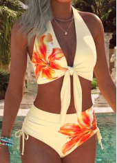 Light Yellow Mid Waisted Ruched/shirred Floral Print Bikini Set