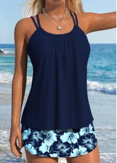 Navy Mid Waisted Lace Up Floral Print Tankini Set | thumb picture 