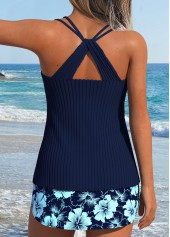 Navy Mid Waisted Lace Up Floral Print Tankini Set | thumb picture 