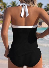 Black Mid Waisted Patchwork Ruched Tankini Set 2