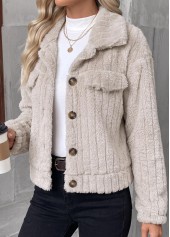 Beige Button Long Sleeve Turn Down Collar Coat 6