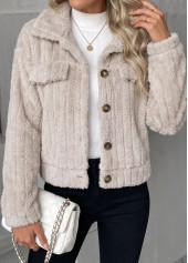 Beige Button Long Sleeve Turn Down Collar Coat